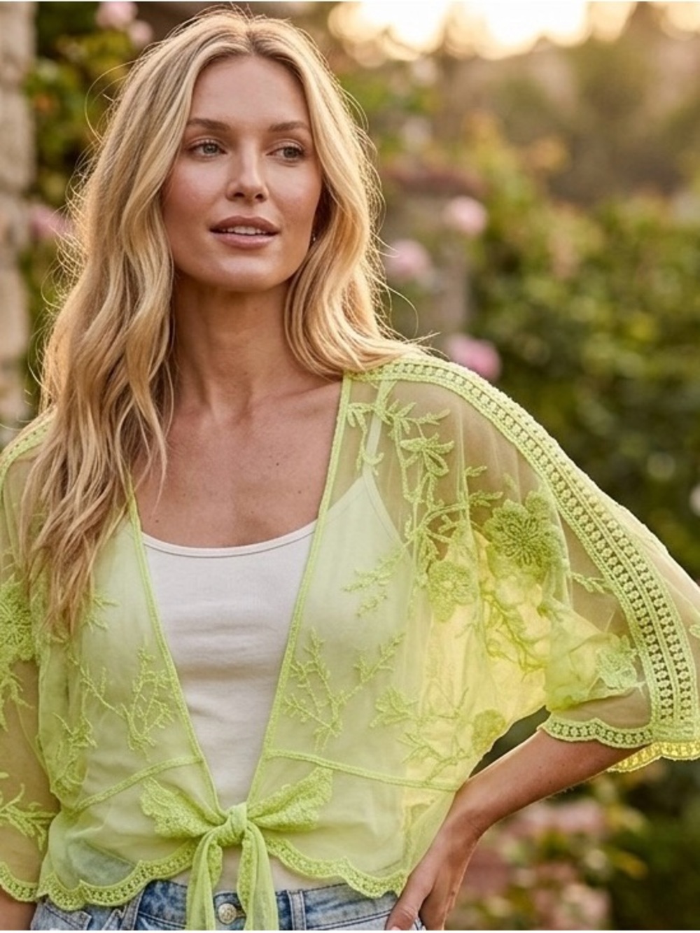 BCBGeneration Sheer Floral Embroidered Kimono in Lime